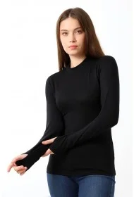 21756 KADIN YARIM BALIKÇI UZUN KOLU PARMAK GEÇMELİ  BLUZ 