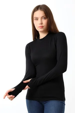 21756 KADIN YARIM BALIKÇI UZUN KOLU PARMAK GEÇMELİ  BLUZ 