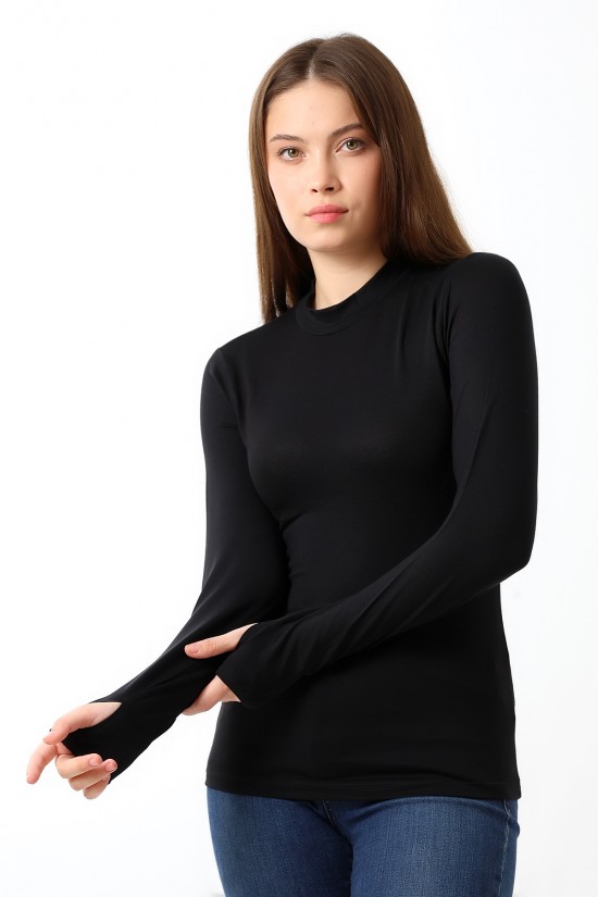 21756 KADIN YARIM BALIKÇI UZUN KOLU PARMAK GEÇMELİ  BLUZ 