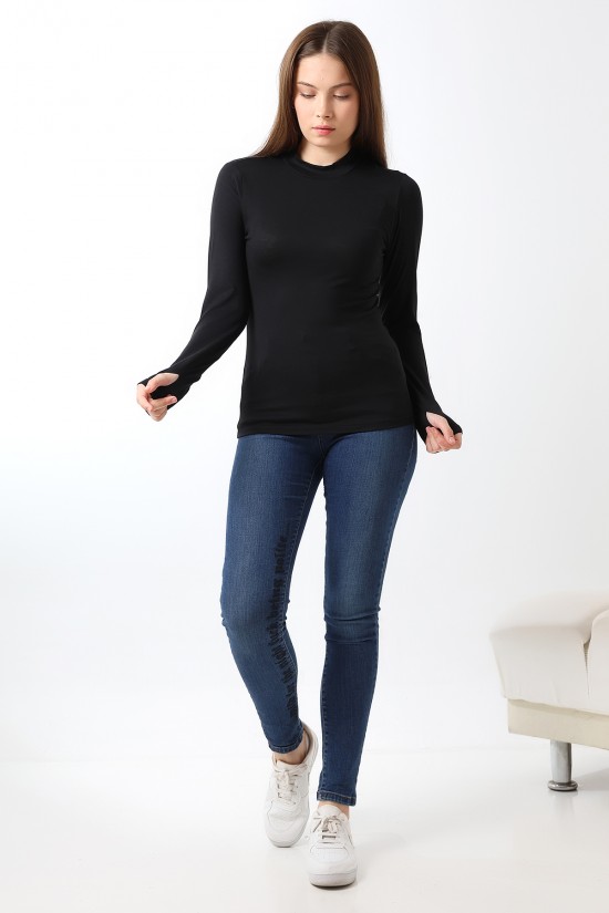 21756 KADIN YARIM BALIKÇI UZUN KOLU PARMAK GEÇMELİ  BLUZ 