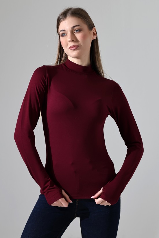 21756 KADIN YARIM BALIKÇI UZUN KOLU PARMAK GEÇMELİ  BLUZ 