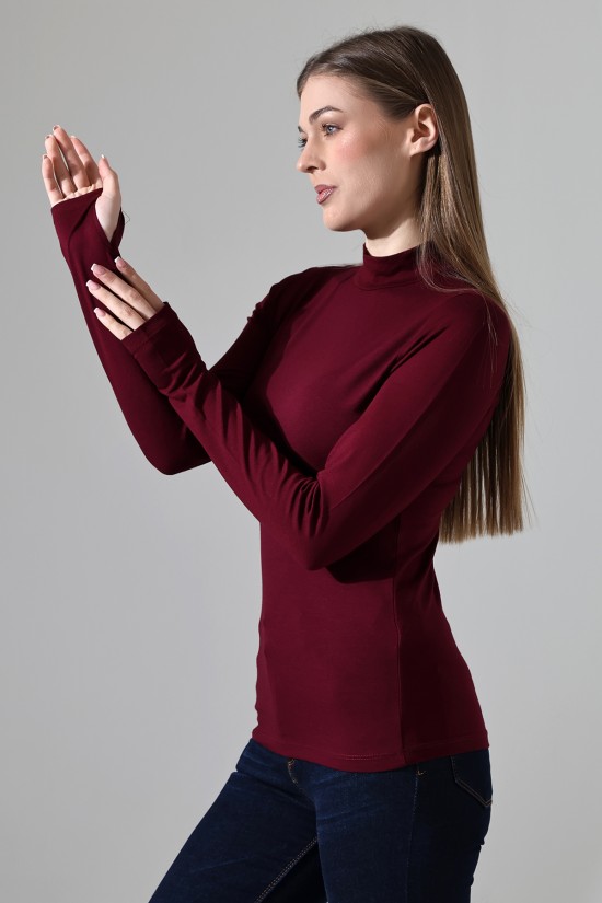 21756 KADIN YARIM BALIKÇI UZUN KOLU PARMAK GEÇMELİ  BLUZ 