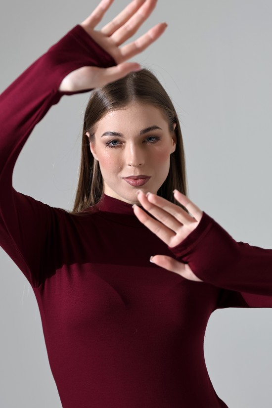 21756 KADIN YARIM BALIKÇI UZUN KOLU PARMAK GEÇMELİ  BLUZ 