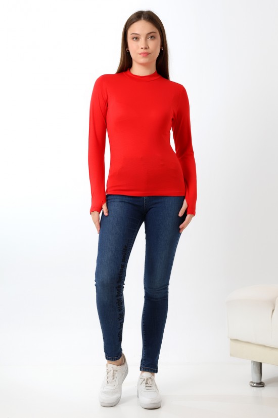 21756 KADIN YARIM BALIKÇI UZUN KOLU PARMAK GEÇMELİ  BLUZ 