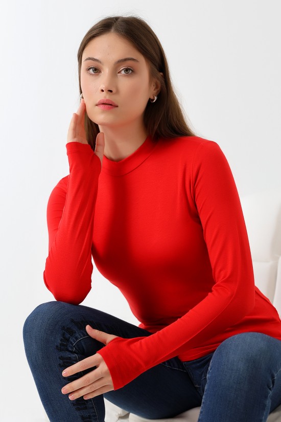 21756 KADIN YARIM BALIKÇI UZUN KOLU PARMAK GEÇMELİ  BLUZ 