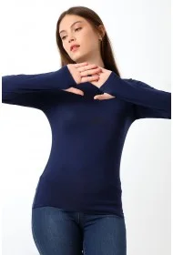 21756 KADIN YARIM BALIKÇI UZUN KOLU PARMAK GEÇMELİ  BLUZ 