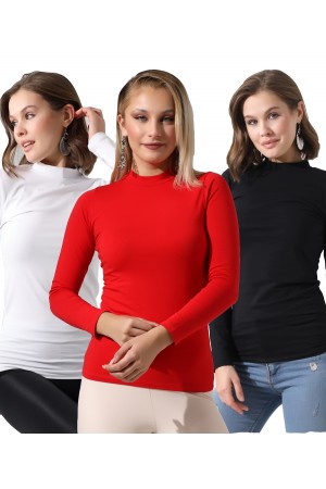 0-39939 - 3LÜ PAKET KADIN UZUN KOL YARIM BALIKCI YAKA BADY