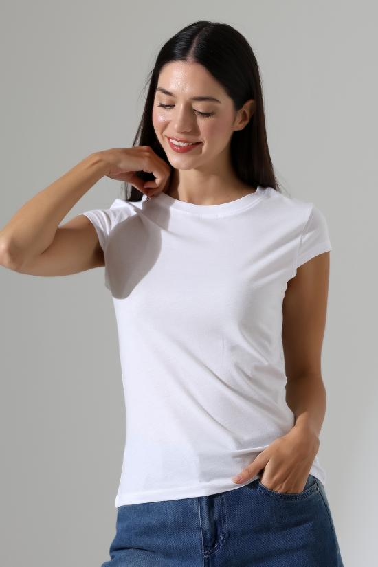 22309  KADIN MİNİMAL KISA KOL İNCE PAMUKLU BİSİKLET YAKA TSHIRT 