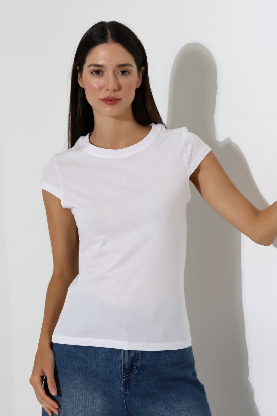 22309  KADIN MİNİMAL KISA KOL İNCE PAMUKLU BİSİKLET YAKA TSHIRT 