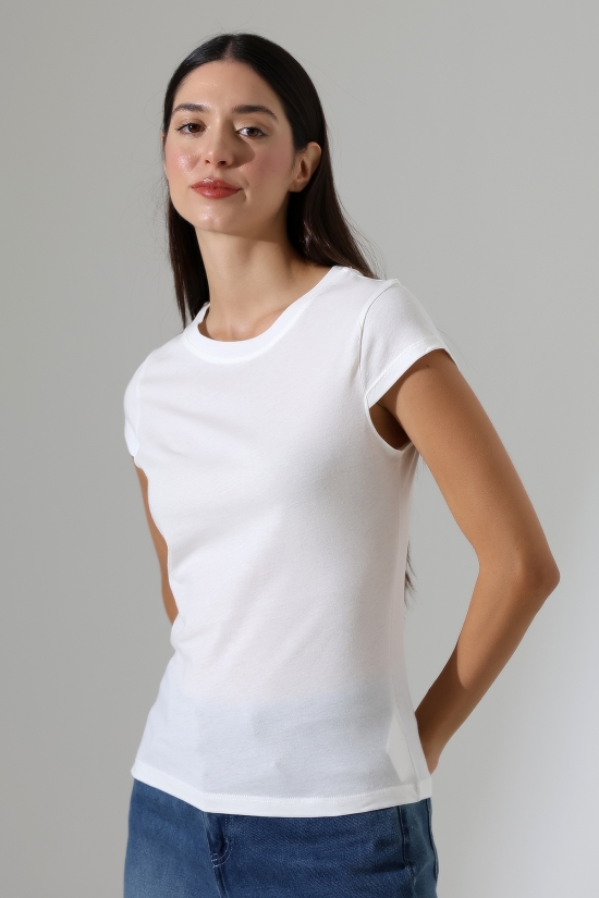 22309  KADIN MİNİMAL KISA KOL İNCE PAMUKLU BİSİKLET YAKA TSHIRT 