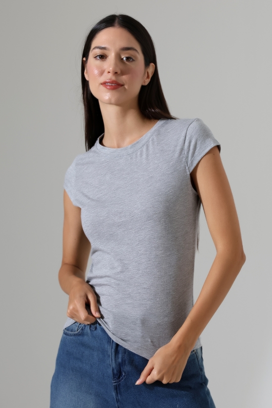 22309  KADIN MİNİMAL KISA KOL İNCE PAMUKLU BİSİKLET YAKA TSHIRT 