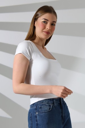 21804  KADIN KISA KOL FULL LYC RİB KOMPAKT PENYE TULUM  KARE YAKA T-SHIRT