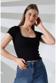 21804  KADIN KISA KOL FULL LYC RİB KOMPAKT PENYE TULUM  KARE YAKA T-SHIRT