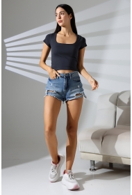 21804  KADIN KISA KOL FULL LYC RİB KOMPAKT PENYE TULUM  KARE YAKA T-SHIRT