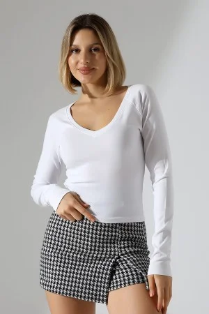 21948 KADIN UZUN KOL GENİŞ V YAKA FULL LYC RİBANA TSHIRT 