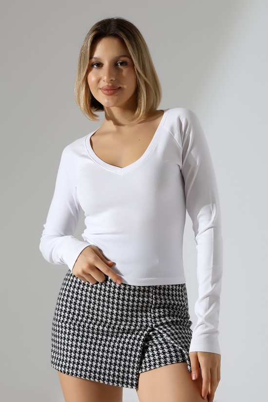 21948 KADIN  UZUN KOL  GENİŞ V YAKA FULL LYC RİBANA TSHIRT 