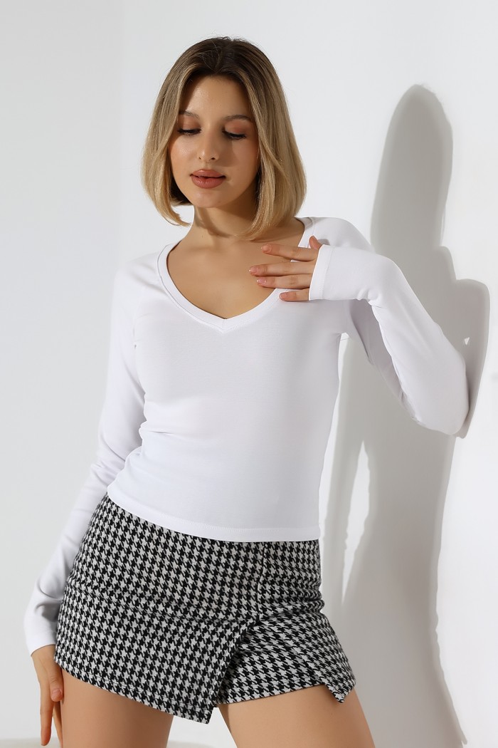 21948 KADIN  UZUN KOL  GENİŞ V YAKA FULL LYC RİBANA TSHIRT 