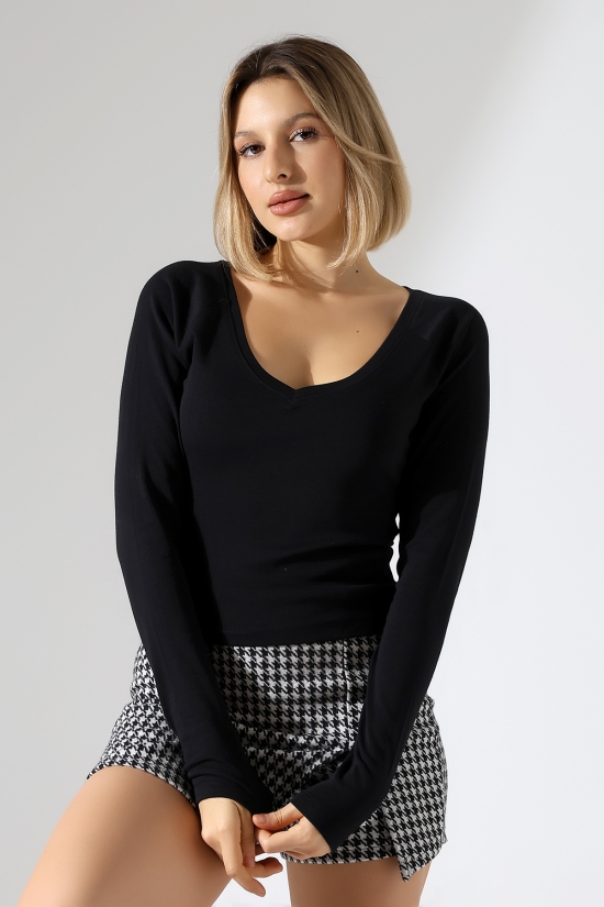 21948 KADIN  UZUN KOL  GENİŞ V YAKA FULL LYC RİBANA TSHIRT 