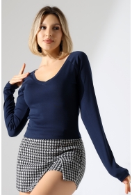 21948 KADIN UZUN KOL GENİŞ V YAKA FULL LYC RİBANA TSHIRT 