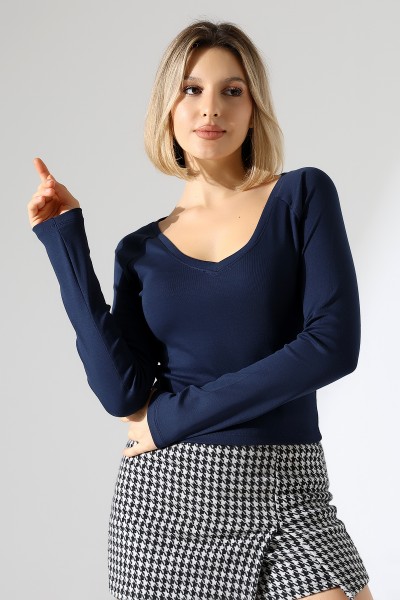 21948 KADIN  UZUN KOL  GENİŞ V YAKA FULL LYC RİBANA TSHIRT 