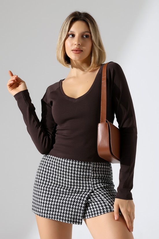 21948 KADIN  UZUN KOL  GENİŞ V YAKA FULL LYC RİBANA TSHIRT 