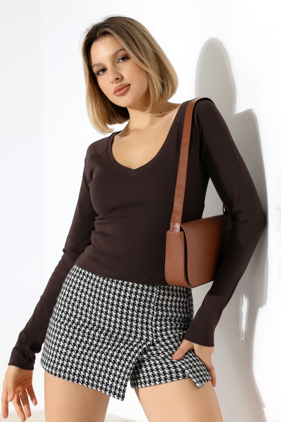 21948 KADIN  UZUN KOL  GENİŞ V YAKA FULL LYC RİBANA TSHIRT 