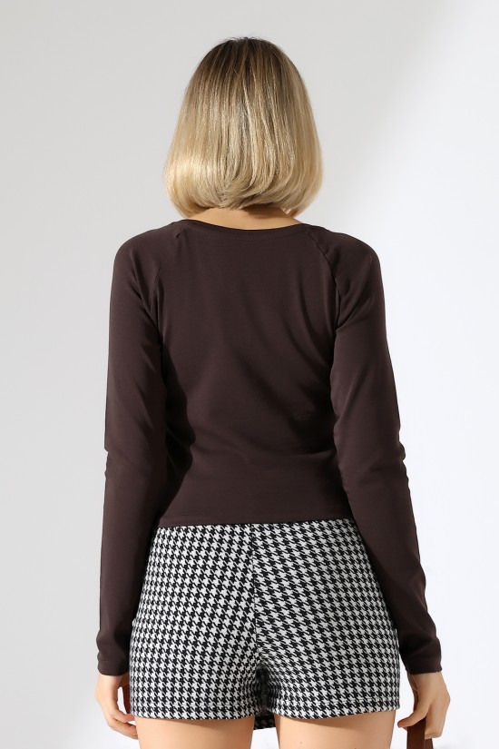 21948 KADIN  UZUN KOL  GENİŞ V YAKA FULL LYC RİBANA TSHIRT 