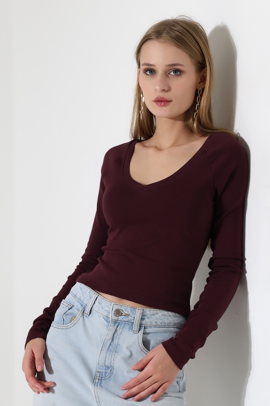 21948 KADIN UZUN KOL GENİŞ V YAKA FULL LYC RİBANA TSHIRT 