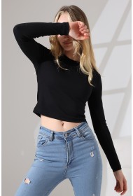 21651 KADIN FULL LYC KOMPAKT PENYE RİB UZUN KOL DİK BİSİKLET YAKA TSHIRT 