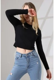 21651 KADIN FULL LYC KOMPAKT PENYE RİB UZUN KOL DİK BİSİKLET YAKA TSHIRT 