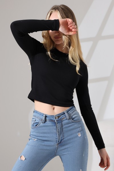 21651 KADIN FULL LYC KOMPAKT PENYE RİB UZUN KOL DİK BİSİKLET YAKA TSHIRT 