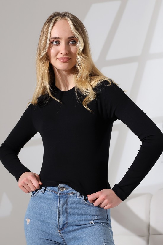 21651 KADIN FULL LYC COMPACK PENYE RİB UZUN KOL DİK BİSİKLET YAKA TSHIRT 