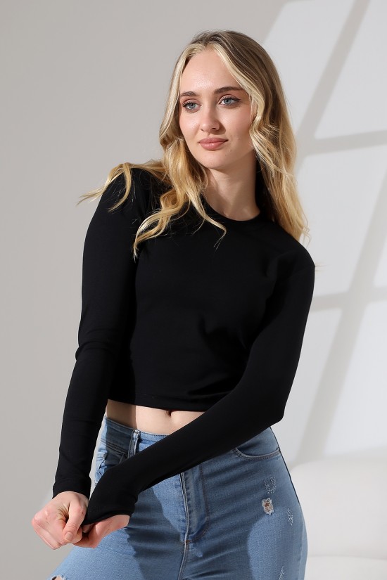 21651 KADIN FULL LYC COMPACK PENYE RİB UZUN KOL DİK BİSİKLET YAKA TSHIRT 