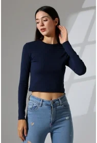 21651 KADIN FULL LYC KOMPAKT PENYE RİB UZUN KOL DİK BİSİKLET YAKA TSHIRT 