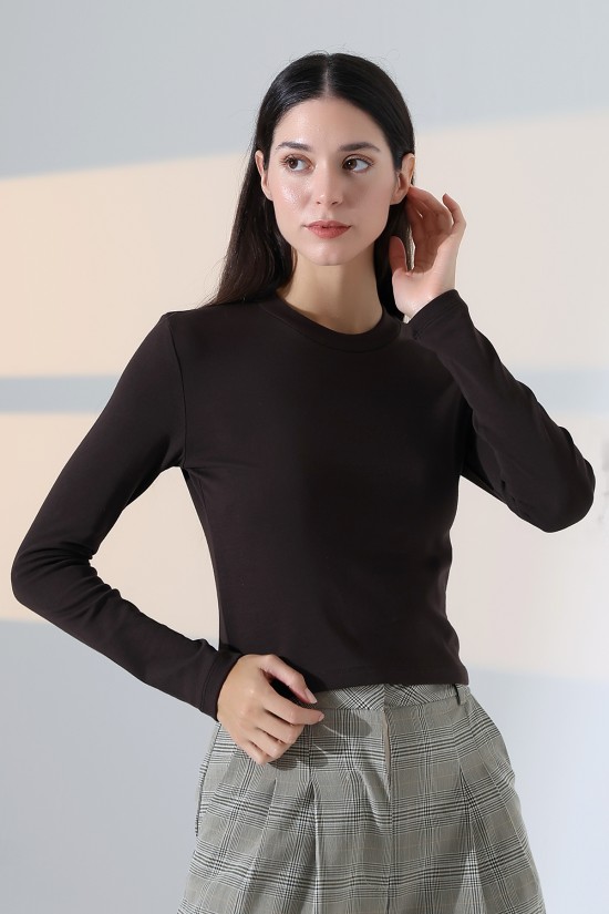 21651 KADIN FULL LYC KOMPAKT PENYE RİB UZUN KOL DİK BİSİKLET YAKA TSHIRT 