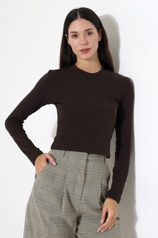 21651 KADIN FULL LYC KOMPAKT PENYE RİB UZUN KOL DİK BİSİKLET YAKA TSHIRT 