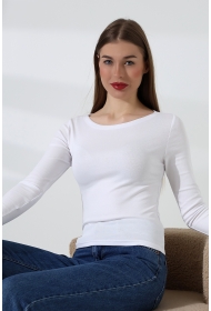 21897 KADIN KAYIK YAKA  FULL LYC KOMPAKT PENYE RİB UZUN KOL TSHIRT 