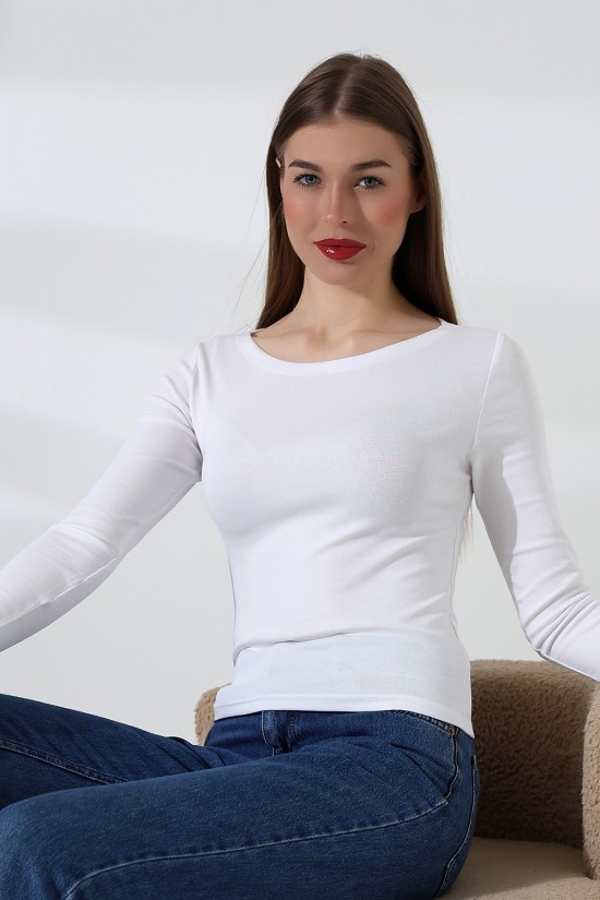 21897 KADIN KAYIK YAKA  FULL LYC KOMPAKT PENYE RİB UZUN KOL TSHIRT 