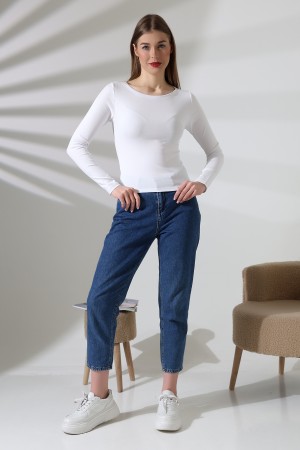 21897 KADIN KAYIK YAKA  FULL LYC KOMPAKT PENYE RİB UZUN KOL TSHIRT 