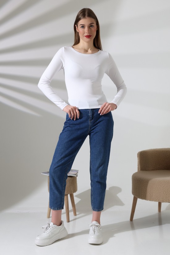 21897 KADIN KAYIK YAKA  FULL LYC KOMPAKT PENYE RİB UZUN KOL TSHIRT 