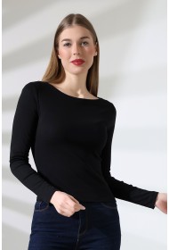 21897 KADIN KAYIK YAKA  FULL LYC KOMPAKT PENYE RİB UZUN KOL TSHIRT 