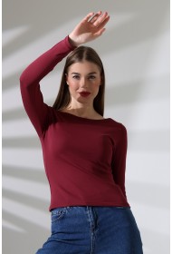 21897 KADIN KAYIK YAKA  FULL LYC KOMPAKT PENYE RİB UZUN KOL TSHIRT 