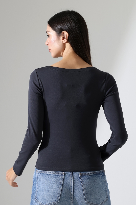 21897 KADIN KAYIK YAKA  FULL LYC KOMPAKT PENYE RİB UZUN KOL TSHIRT 