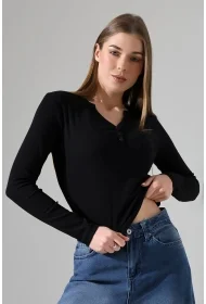 21926 KADIN FULL LYC KOMPAKT PENYE RİB UZUN KOL AÇIK PATLI DÜĞMELİ  TSHIRT 