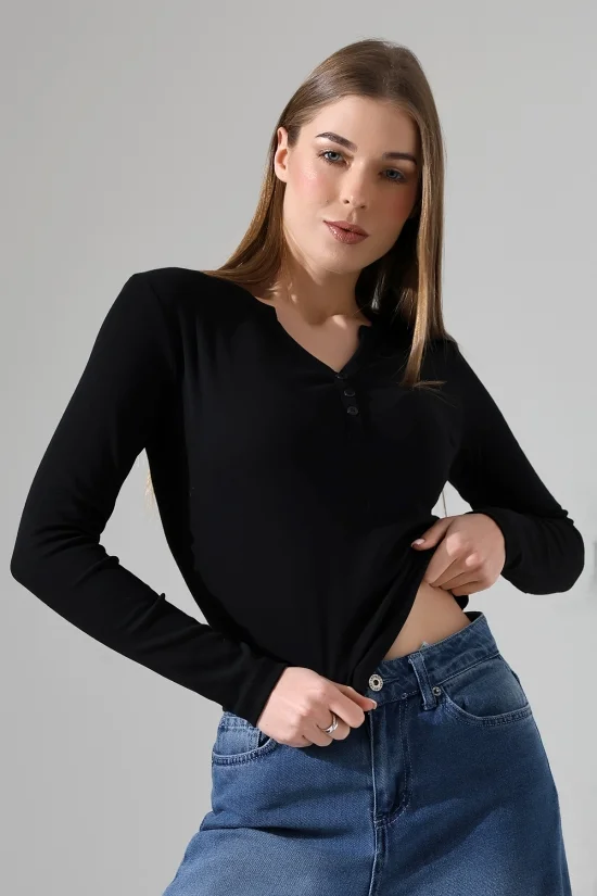 21926 KADIN FULL LYC KOMPAKT PENYE RİB UZUN KOL AÇIK PATLI DÜĞMELİ  TSHIRT 