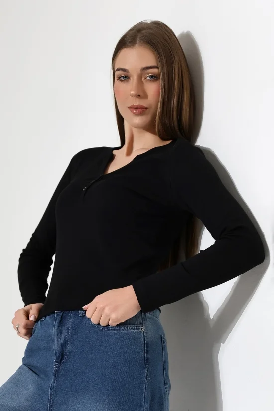 21926 KADIN FULL LYC KOMPAKT PENYE RİB UZUN KOL AÇIK PATLI DÜĞMELİ  TSHIRT 