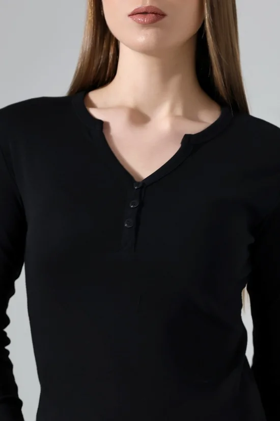 21926 KADIN FULL LYC KOMPAKT PENYE RİB UZUN KOL AÇIK PATLI DÜĞMELİ  TSHIRT 