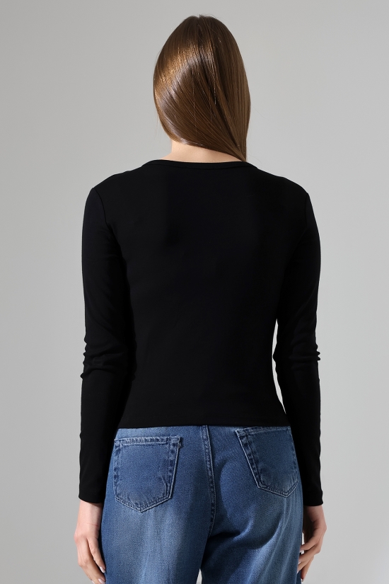 21926 KADIN FULL LYC KOMPAKT PENYE RİB UZUN KOL AÇIK PATLI DÜĞMELİ  TSHIRT 