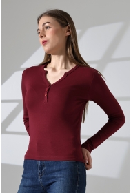 21926 KADIN FULL LYC KOMPAKT PENYE RİB UZUN KOL AÇIK PATLI DÜĞMELİ  TSHIRT 