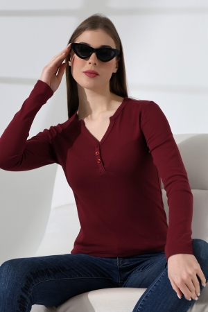 21926 KADIN FULL LYC KOMPAKT PENYE RİB UZUN KOL AÇIK PATLI DÜĞMELİ  TSHIRT 